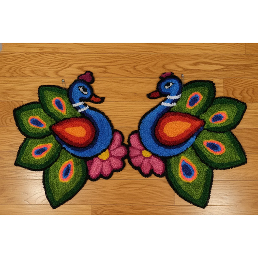 Colorful Handmade Peacock Pair Rangoli Mats (Patches) | Traditional Indian Festive Decor