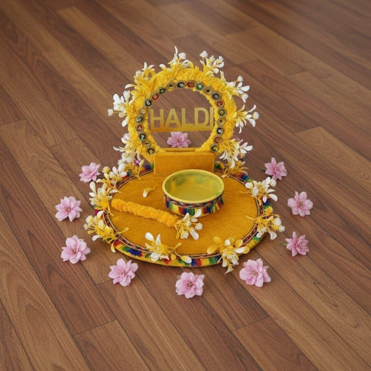 Bright Yellow Floral Haldi Ceremony Platter with "HALDI" Sign & Ritual Bowl