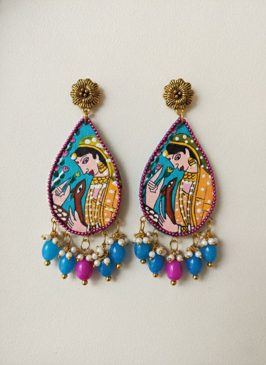 Handcrafted Pichwai Art Teardrop Earrings with Blue & Pink Beaded Drops