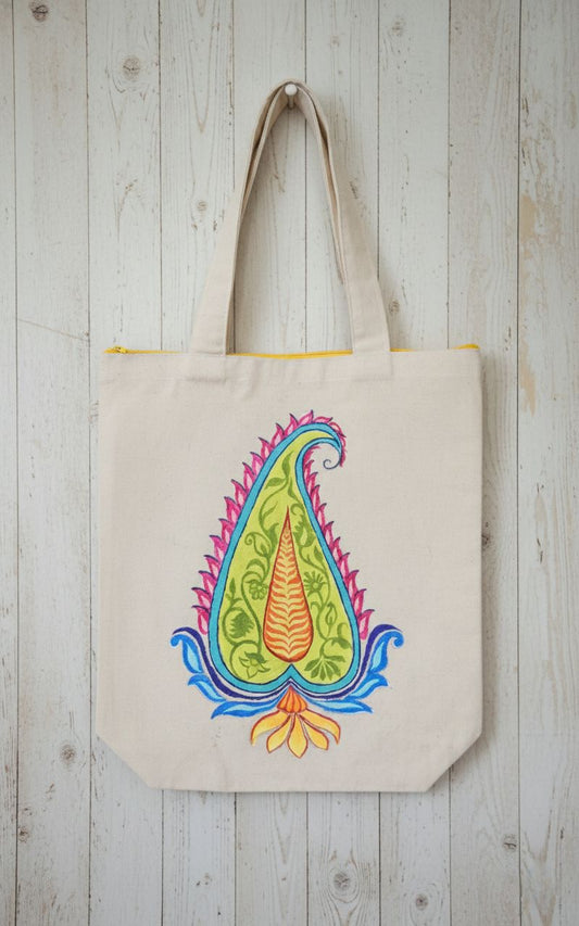 Hand-Painted Paisley Motif Canvas Tote Bag with Zipper