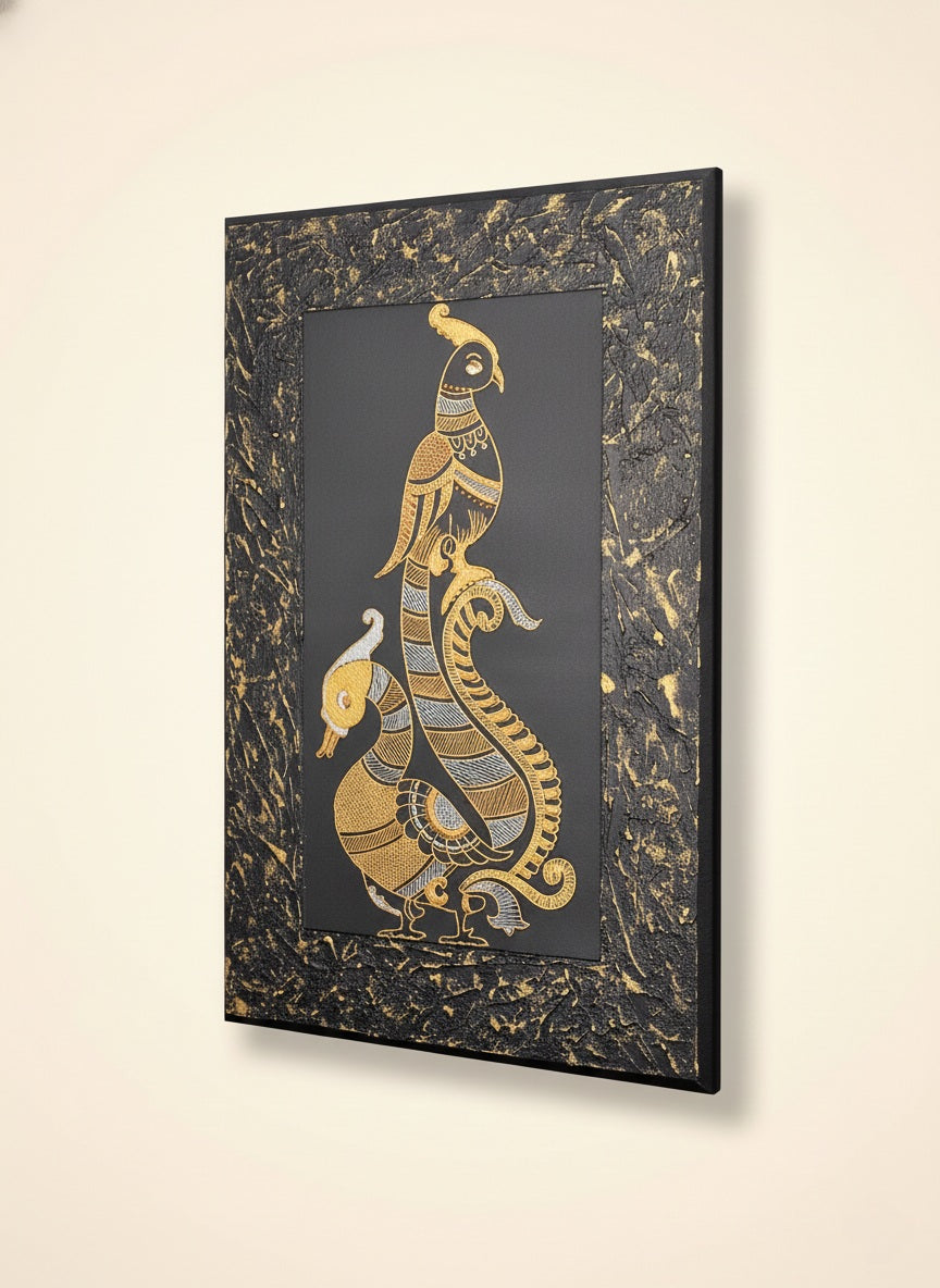 Golden & Silver Avian Silhouette – Textured Framed Ethic Wall Art