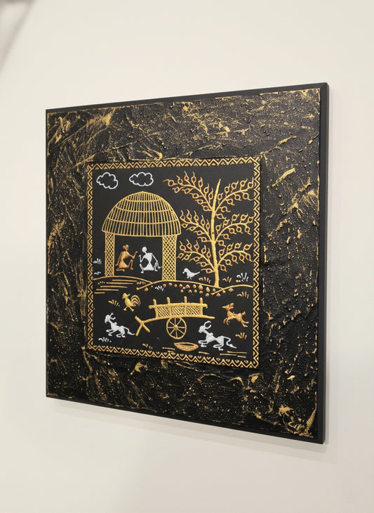 Handcrafted Warli Tribal Art on Textured Black Canvas