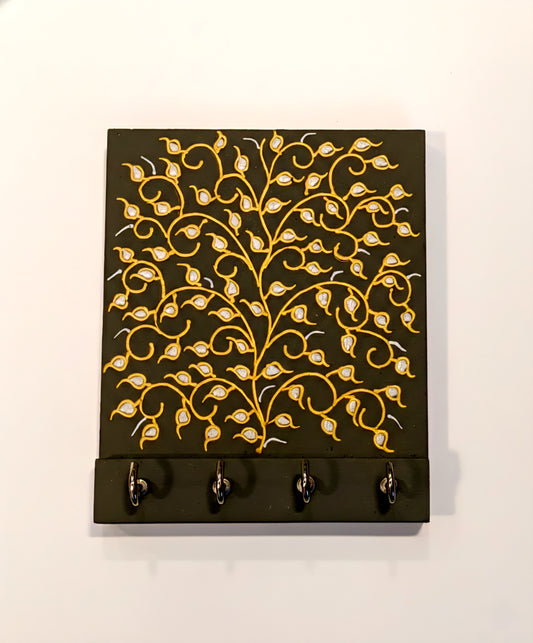 Handcrafted Tree of Life Wooden Key Holder with 4 Hooks - Black & Gold