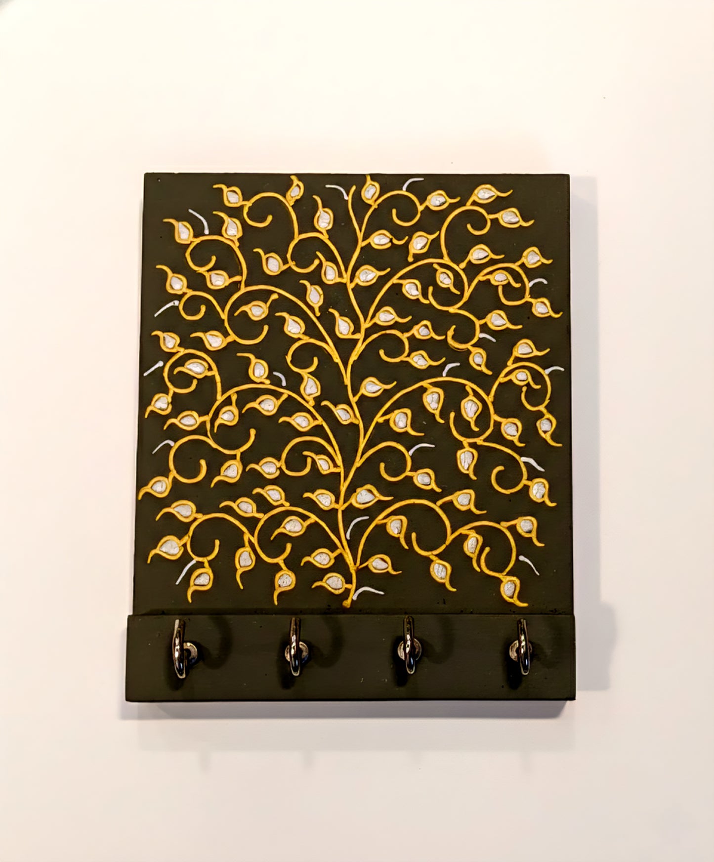 Handcrafted Tree of Life Wooden Key Holder with 4 Hooks - Black & Gold