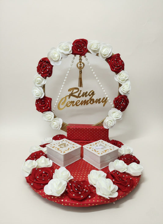 Floral Ring Ceremony Display – Red & White Rose Engagement Tray with Gold "Ring Ceremony" Calligraphy