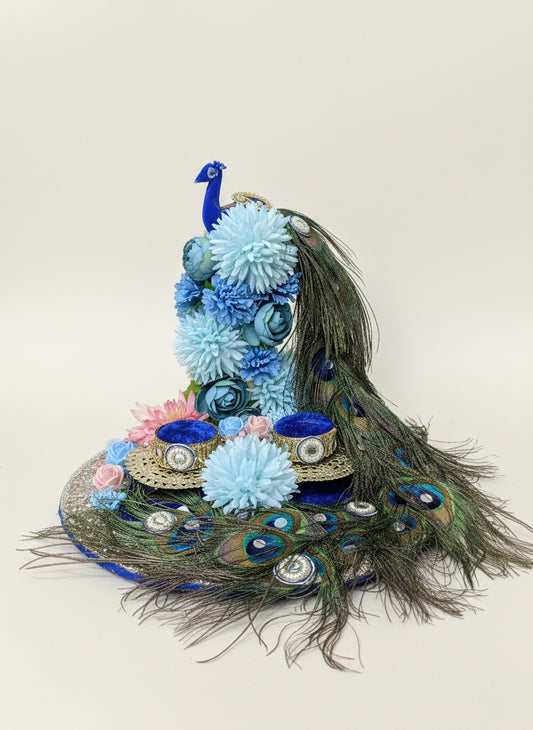 Royal Peacock Theme Engagement Ring Platter with Blue Silk Flowers and Real Peacock Feathers