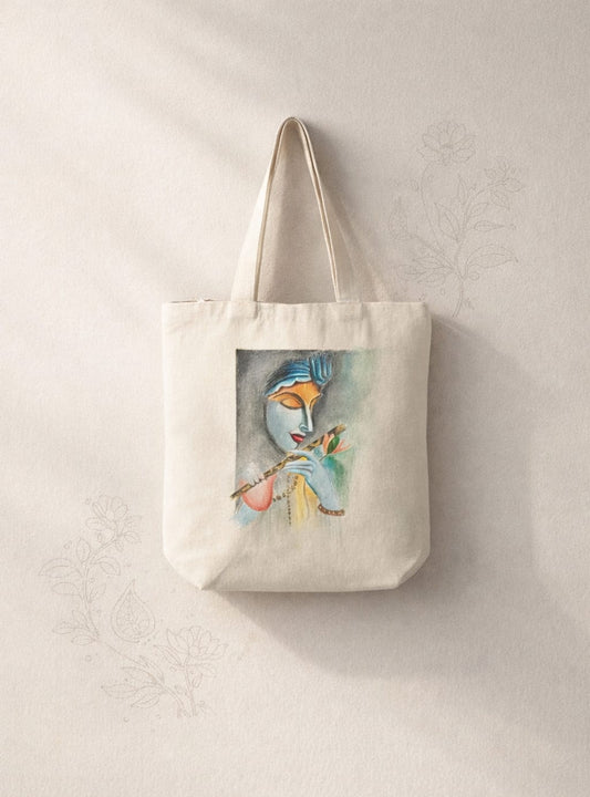 Hand-Painted Lord Krishna Canvas Tote Bag – Artistic Ethnic Shoulder Bag