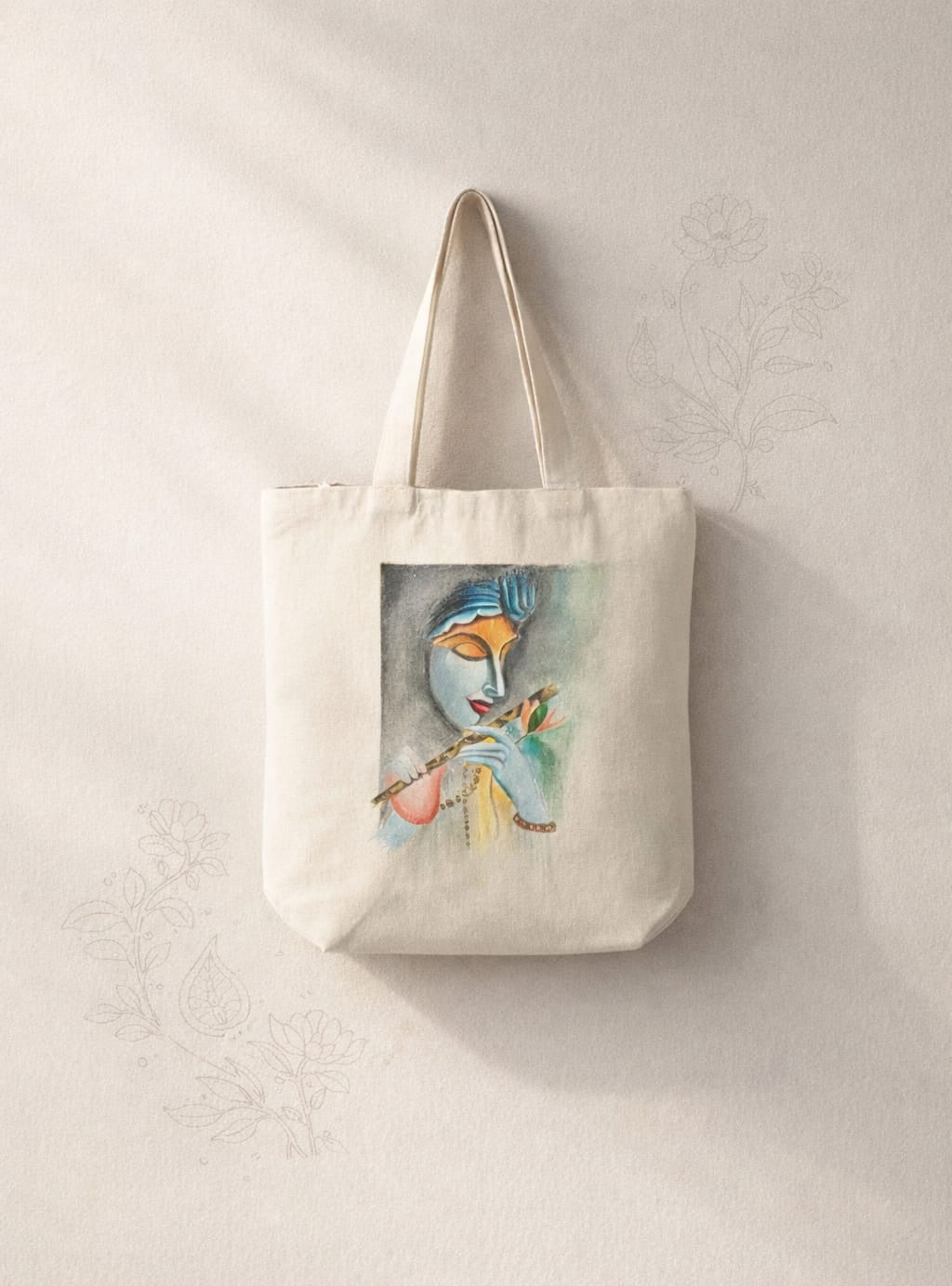 Hand-Painted Lord Krishna Canvas Tote Bag – Artistic Ethnic Shoulder Bag