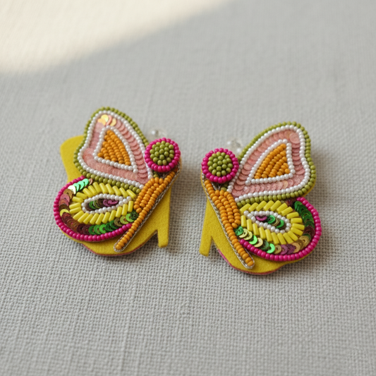 Vibrant Hand-Beaded Butterfly Stud Earrings