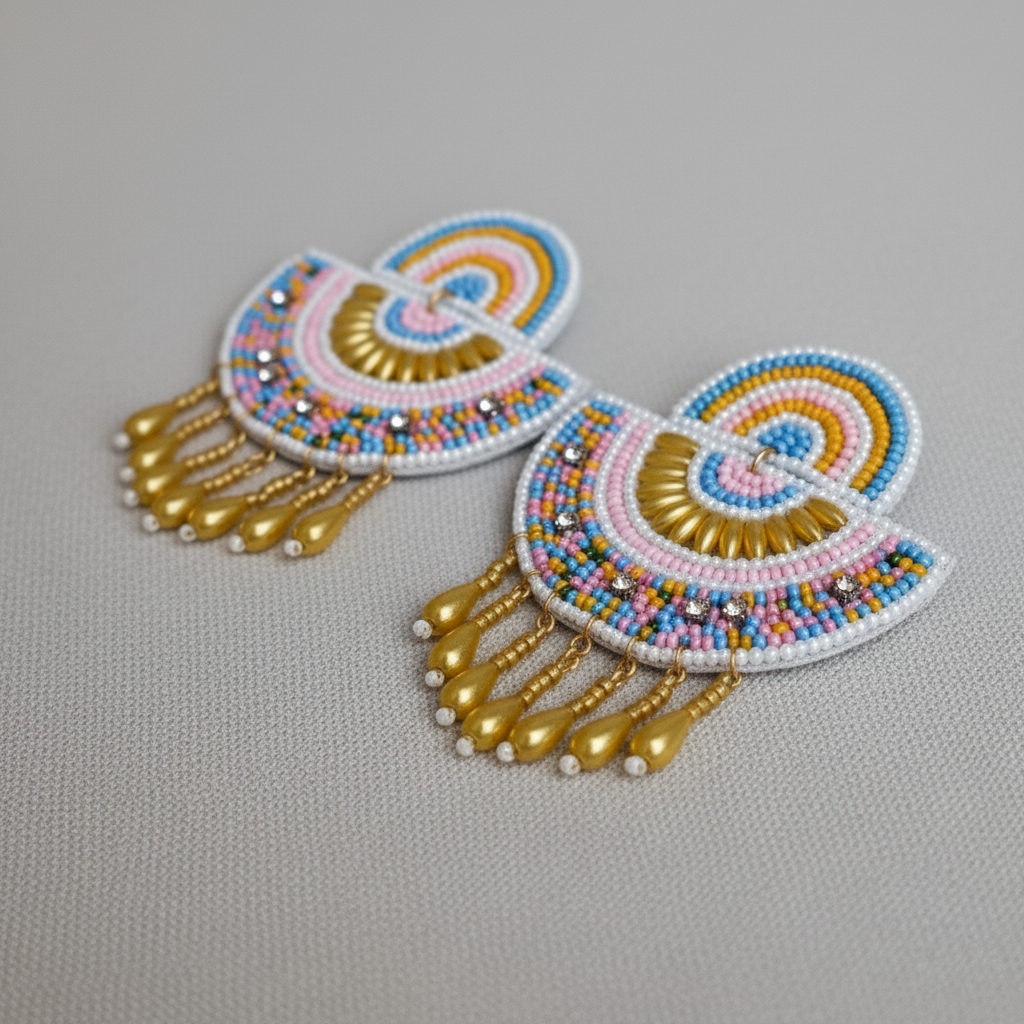 हाथ से बुने हुए मनके वाले चांदबाली शैली के झुमके