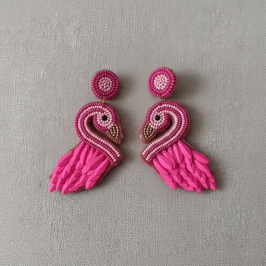 Pink Flamingo Hand-Beaded Earrings with Feather Detail