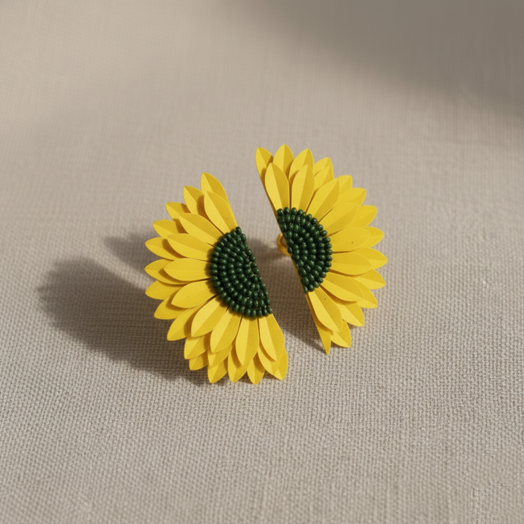 Handmade Half-Sunflower Beaded Statement Earrings - Yellow & Green Floral Studs