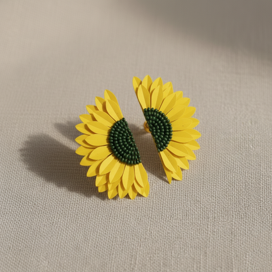 Handmade Half-Sunflower Beaded Statement Earrings - Yellow & Green Floral Studs