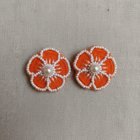 Fabric Flower Earrings with Pearl Center and Beadwork Detailing