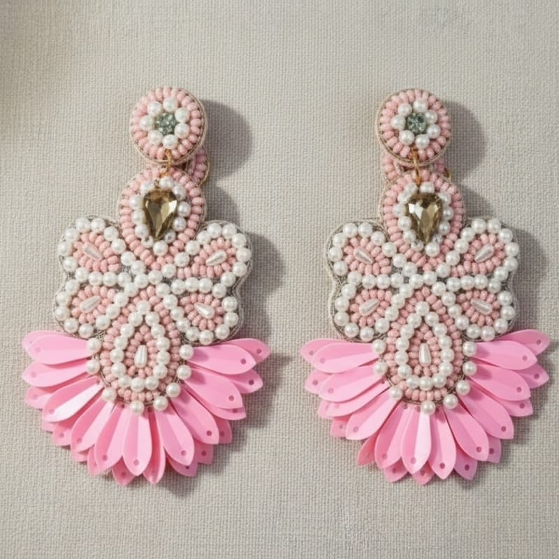 Handmade Pink Floral Beaded Statement Earrings with Pearls and Sequins