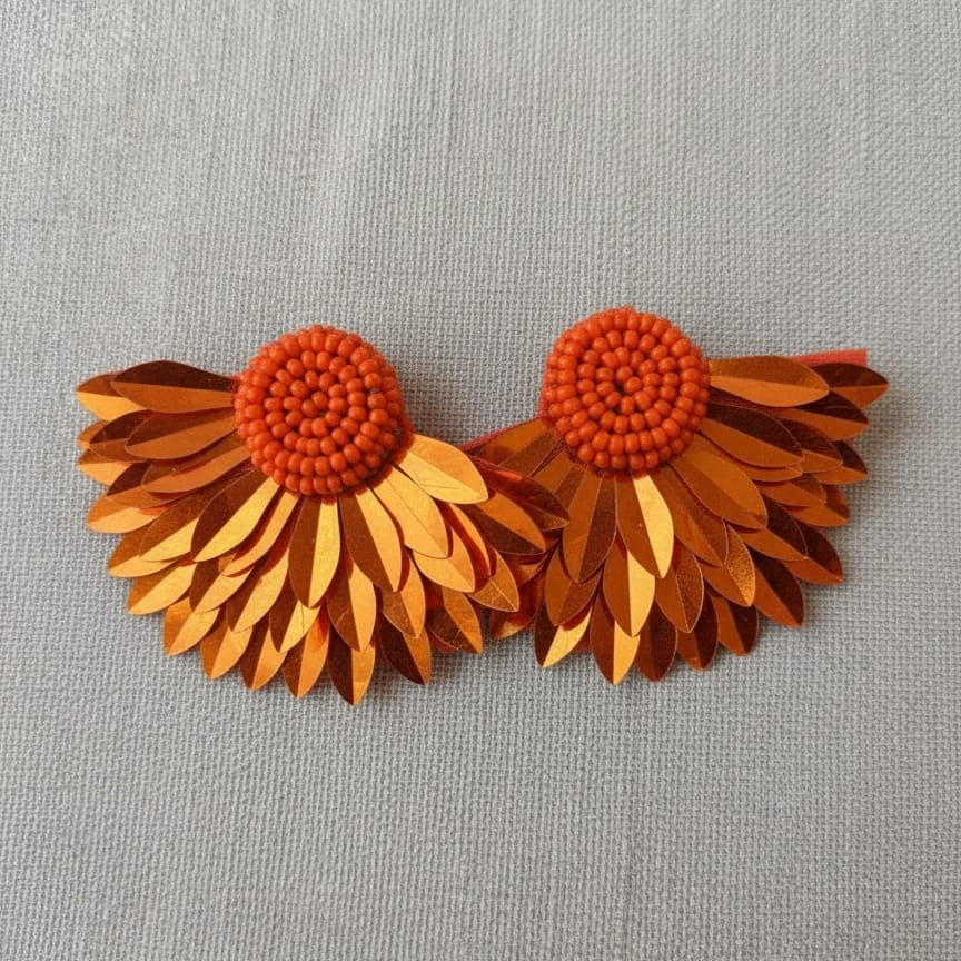 Handcrafted Orange Seed Bead and Metallic Leaf Sequin Statement Earrings