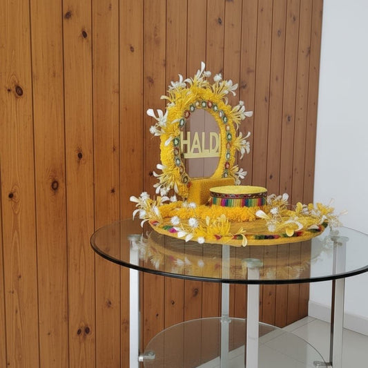 Bright Yellow Floral Haldi Ceremony Platter with "HALDI" Sign & Ritual Bowl