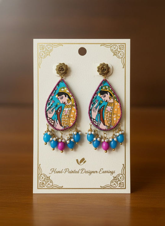 Handcrafted Pichwai Art Teardrop Earrings with Blue & Pink Beaded Drops