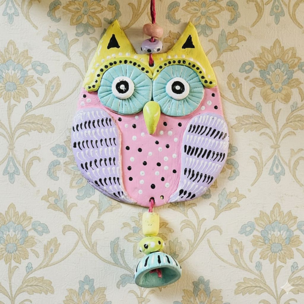 Handcrafted Terracotta Owl Wall Hanging with Bell - Multicolored Clay Art