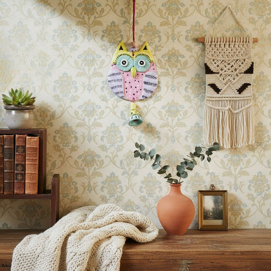 Handcrafted Terracotta Owl Wall Hanging with Bell - Multicolored Clay Art