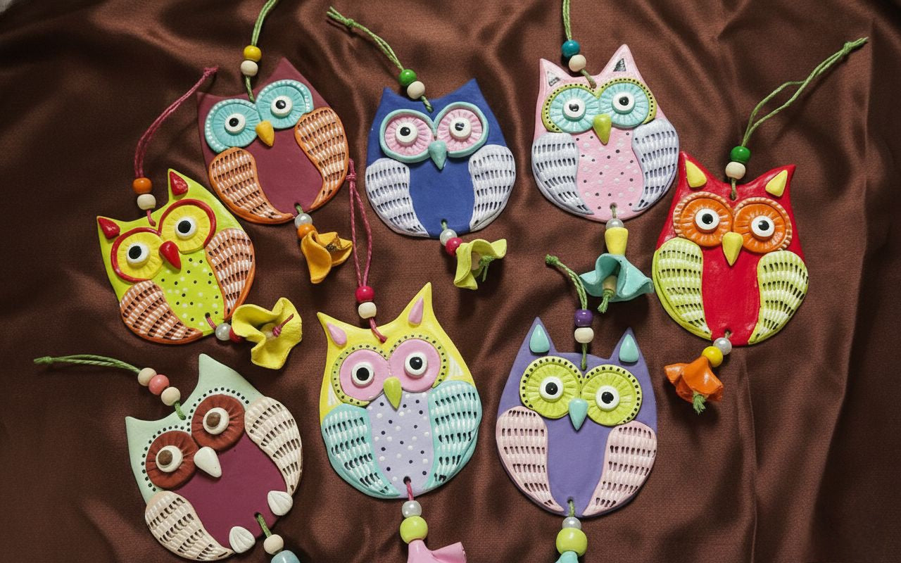 Handcrafted Terracotta Owl Wall Hanging with Bell - Multicolored Clay Art
