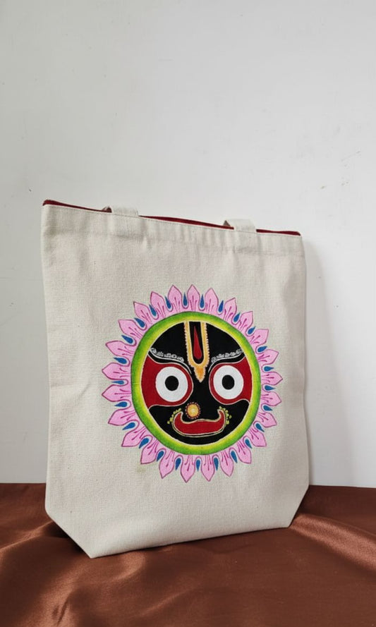 Hand-Painted Lord Jagannath Canvas Tote Bag - Ethnic Spiritual Carryall