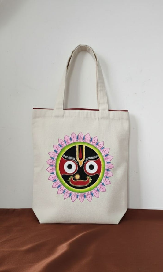 Hand-Painted Lord Jagannath Canvas Tote Bag - Ethnic Spiritual Carryall