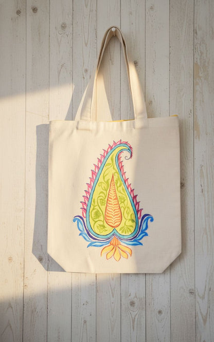 Hand-Painted Paisley Motif Canvas Tote Bag with Zipper
