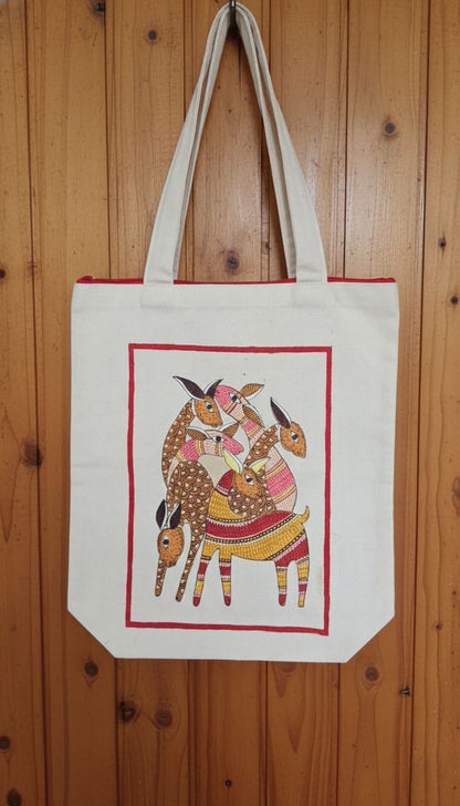 Eco-Friendly Canvas Tote with Vibrant Hand-Painted Tribal Deer Group Design