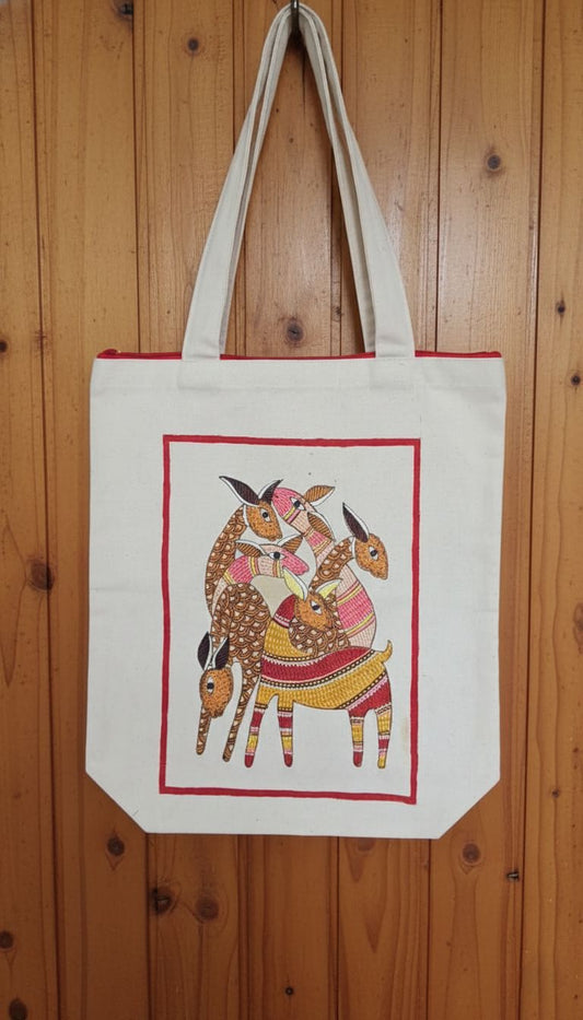 Eco-Friendly Canvas Tote with Vibrant Hand-Painted Tribal Deer Group Design