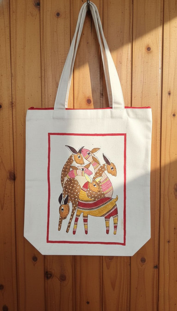 Eco-Friendly Canvas Tote with Vibrant Hand-Painted Tribal Deer Group Design
