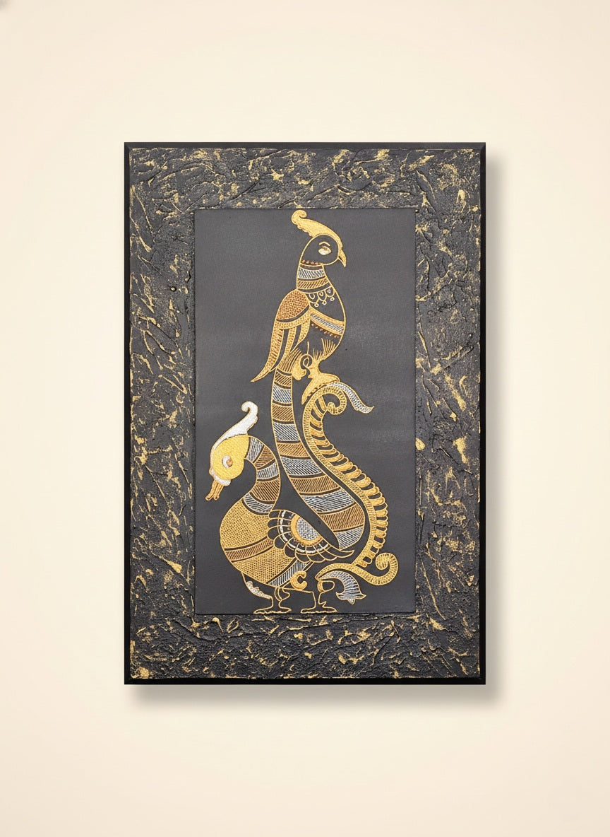 Golden & Silver Avian Silhouette – Textured Framed Ethic Wall Art