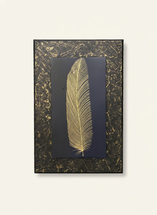Handcrafted Gold Feather Wall Decor with Textured Border