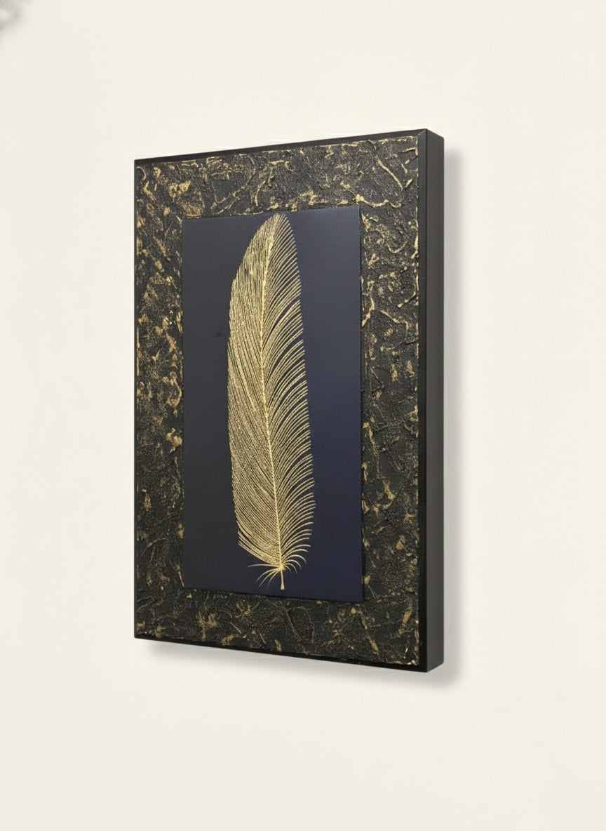 Handcrafted Gold Feather Wall Decor with Textured Border