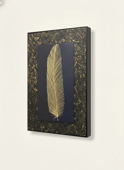Handcrafted Gold Feather Wall Decor with Textured Border