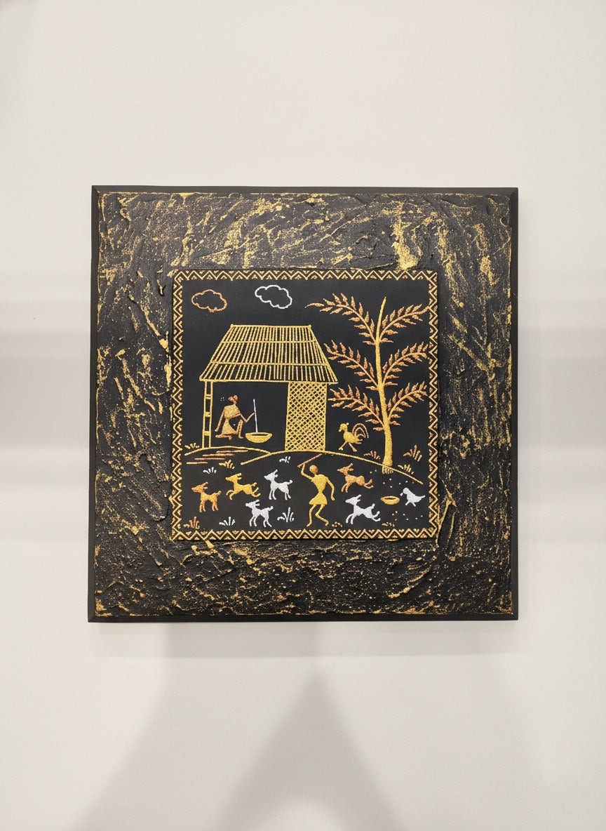 Handcrafted Warli Tribal Art Wall Decor – Golden Village Scene on Textured Black Canvas