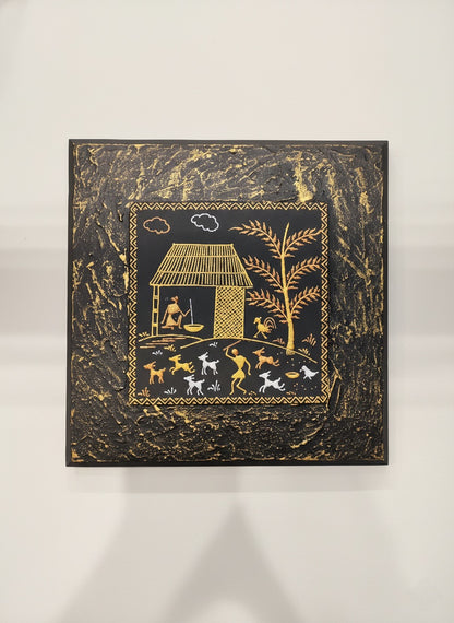 Handcrafted Warli Tribal Art Wall Decor – Golden Village Scene on Textured Black Canvas