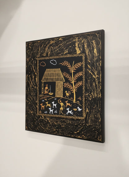 Handcrafted Warli Tribal Art Wall Decor – Golden Village Scene on Textured Black Canvas
