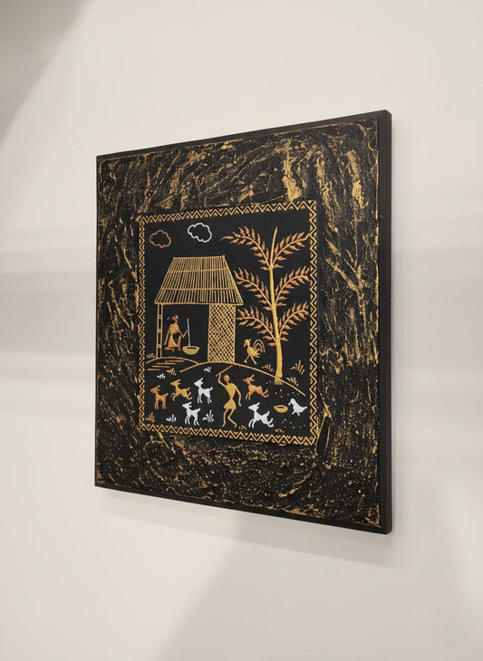 Handcrafted Warli Tribal Art Wall Decor – Golden Village Scene on Textured Black Canvas