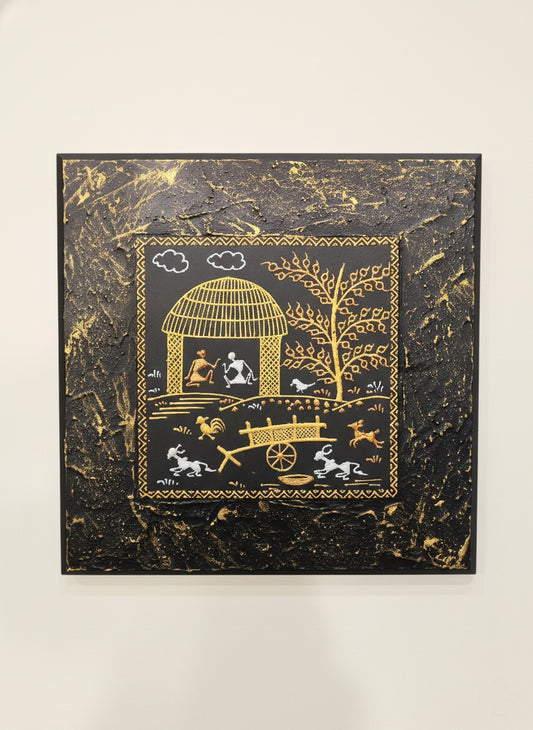 Handcrafted Warli Tribal Art on Textured Black Canvas