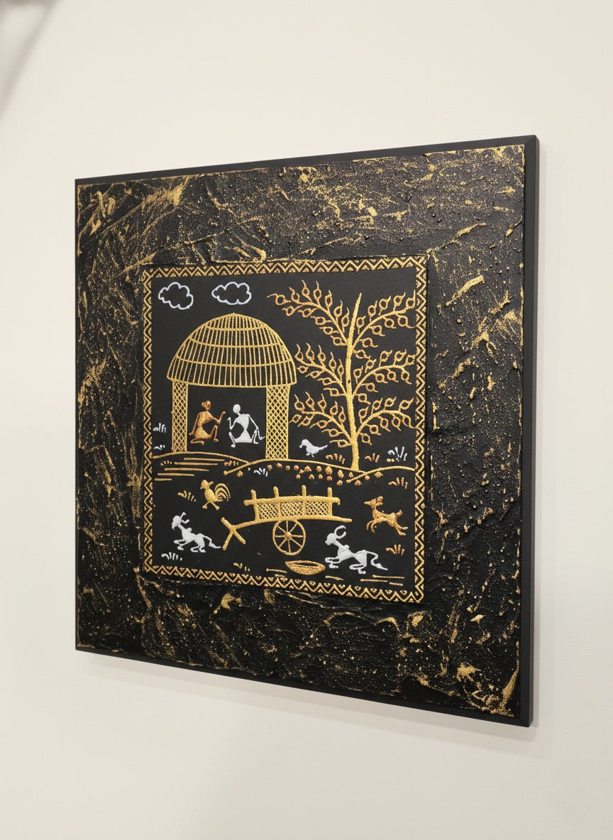 Handcrafted Warli Tribal Art on Textured Black Canvas