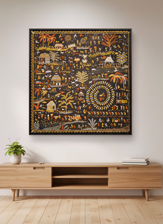 Hand-Painted Warli Tribal Village Life Wall Art
