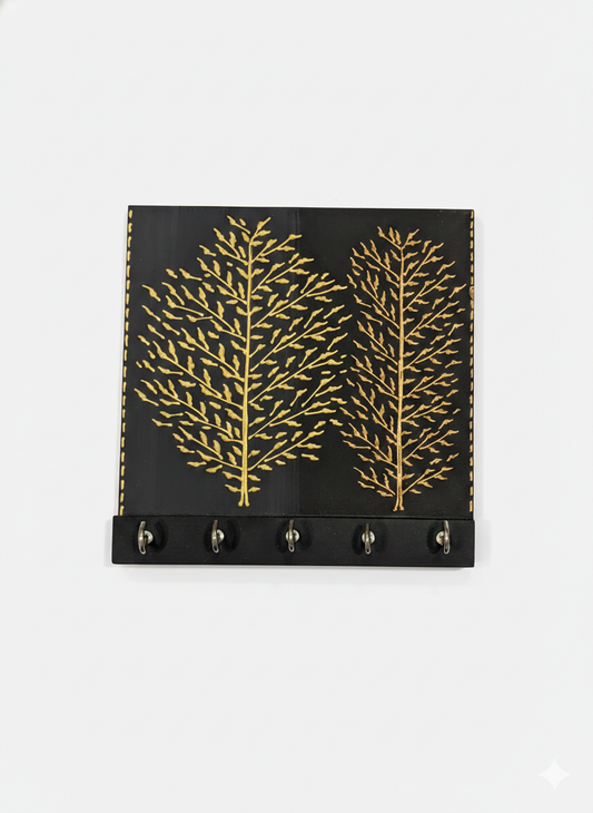 Golden Foliage Handcrafted Wooden Key Holder – Matte Black Finish