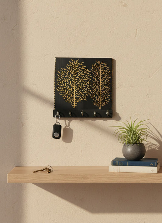 Golden Foliage Handcrafted Wooden Key Holder – Matte Black Finish
