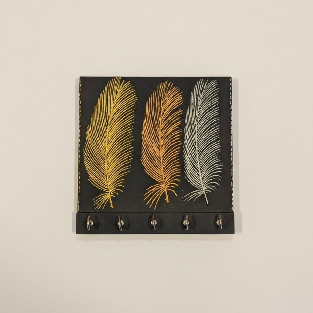 Handcrafted Wooden Key Holder with Metallic Feather Art - 5 Hooks