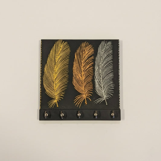 Handcrafted Wooden Key Holder with Metallic Feather Art - 5 Hooks