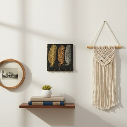 Handcrafted Wooden Key Holder with Metallic Feather Art - 5 Hooks