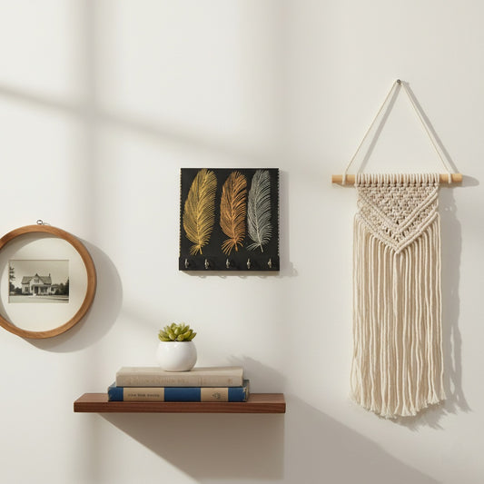 Handcrafted Wooden Key Holder with Metallic Feather Art - 5 Hooks