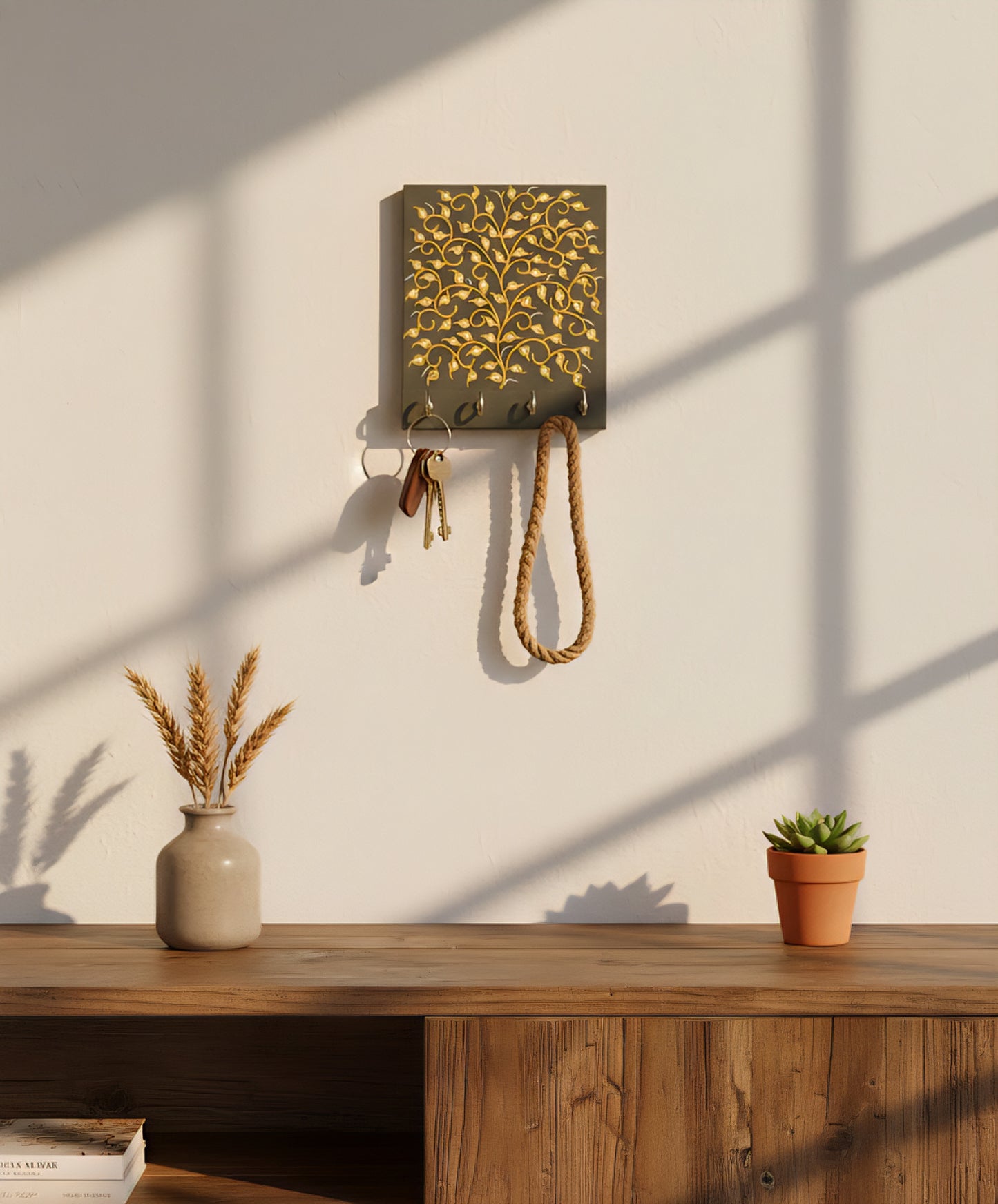 Handcrafted Tree of Life Wooden Key Holder with 4 Hooks - Black & Gold