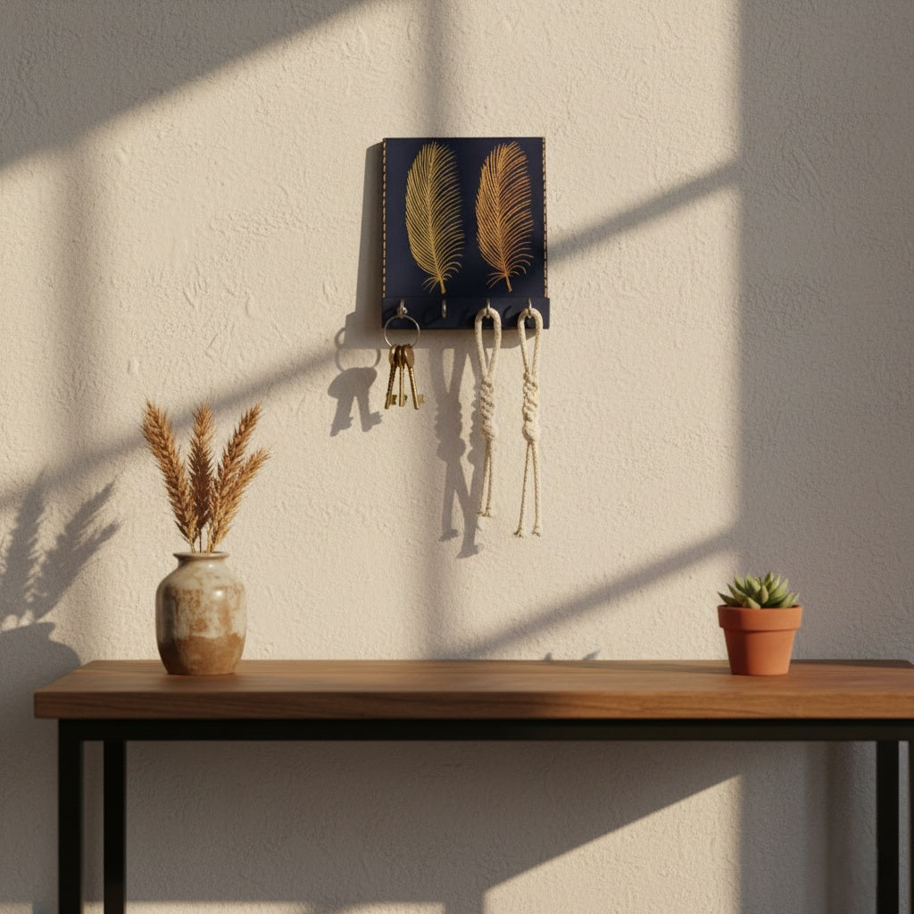 Handcrafted Golden Feather Wall Key Hanger with 4 Hooks - Black & Gold